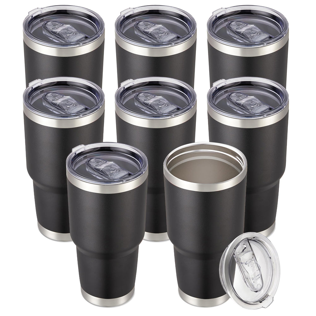 30 oz Tumbler with Lid Stainless Steel Tumblers Bulk Vacuum Insulated Cup Reusable Powder Coated Travel Mug Double Wall Leak Proof Cups Keep Cold Drinks for 12 Hours Black, Set of 8