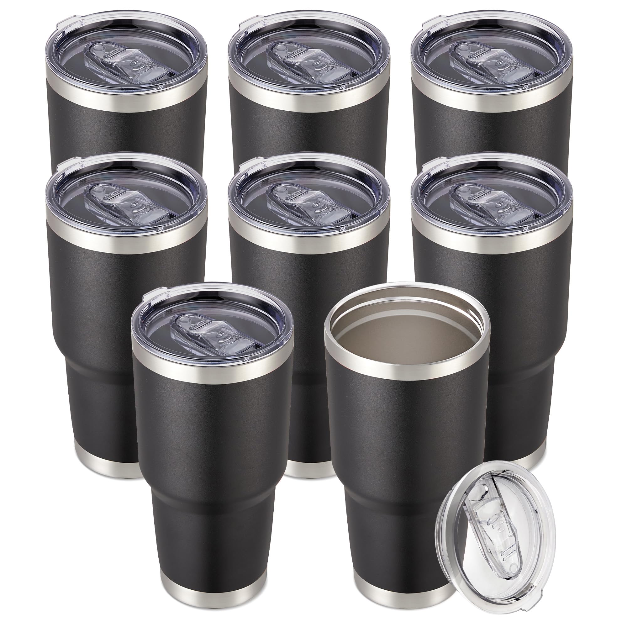 30 oz Tumbler with Lid Stainless Steel Tumblers Bulk Vacuum Insulated Cup Reusable Powder Coated Travel Mug Double Wall Leak Proof Cups Keep Cold Drinks for 12 Hours Black, Set of 8