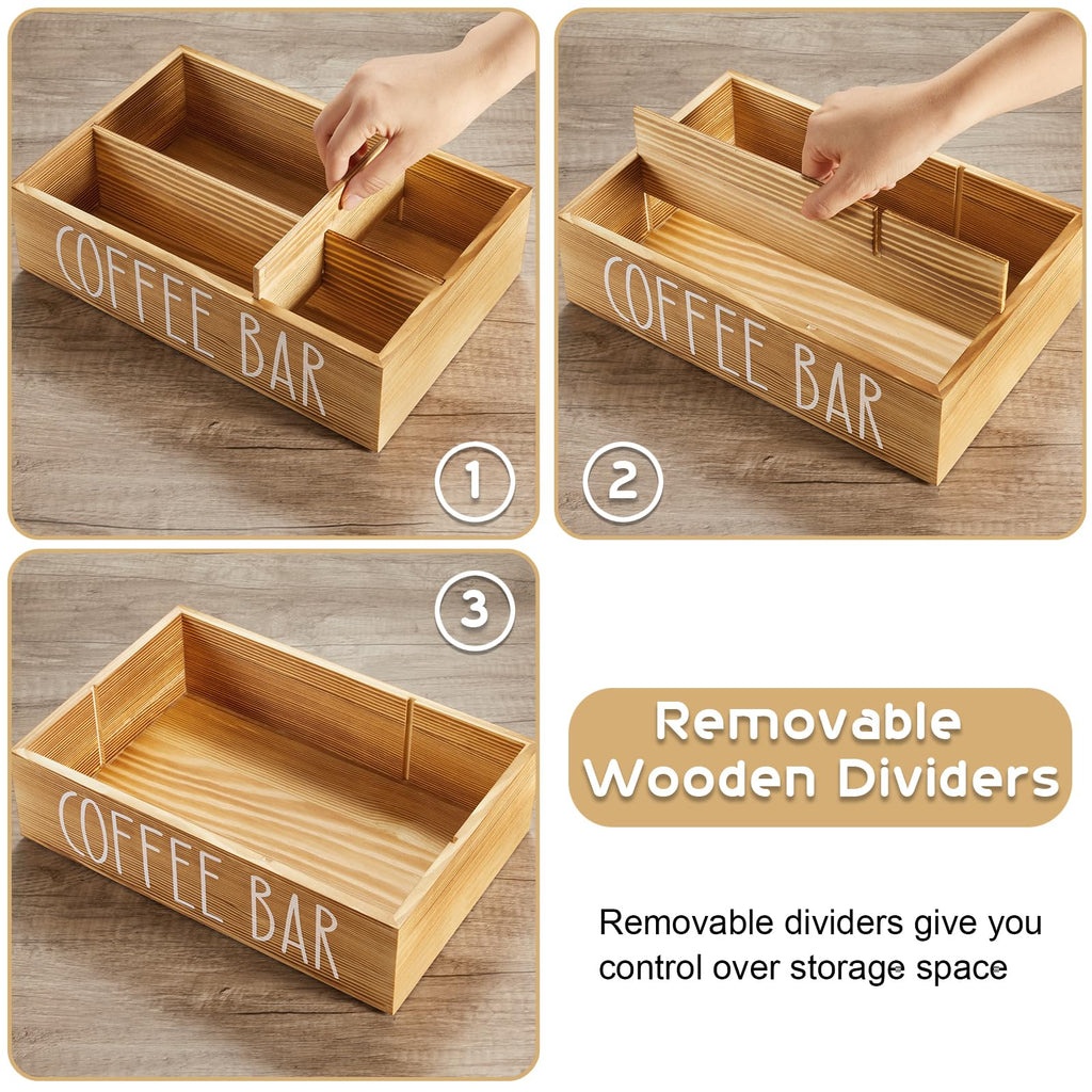 ALELION Coffee Station Organizer - Wood Countertop Accessories Organizer with Removable Dividers for Pods Condiment Syrup Tea Cups Stirrers - for Farmhouse Coffee Bar Decor