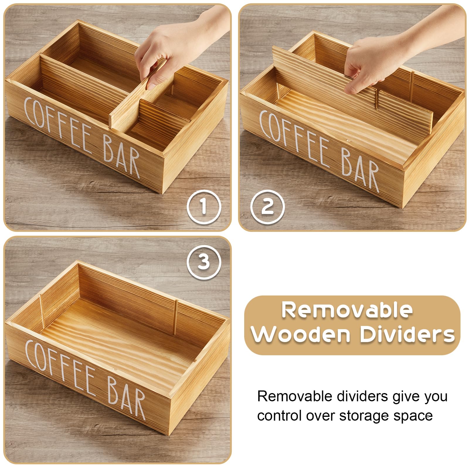 ALELION Coffee Station Organizer - Wood Countertop Accessories Organizer with Removable Dividers for Pods Condiment Syrup Tea Cups Stirrers - for Farmhouse Coffee Bar Decor
