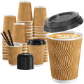 SIUQ 12 oz Coffee Cups-90 Pack Disposable Coffee Cups with Lids and Straws, Insulated Ripple Wall To Go Paper Coffee Cup for Coffee, Hot Chocolate and Hot Tea Drinks - Champagne
