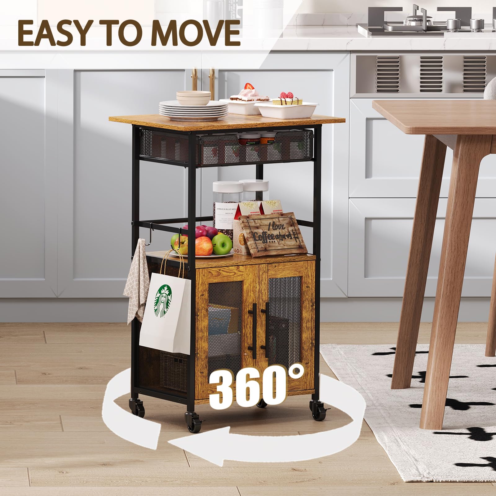Hencawima Coffee Bar Cabinet, 3 Tier Coffee Station Table on Wheels, 35.9" H Bar Cart with Wire Basket Drawer & 5 Hooks for Home Kitchen, Liquor Buffet Sideboard Cabinet (Rustic Brown)