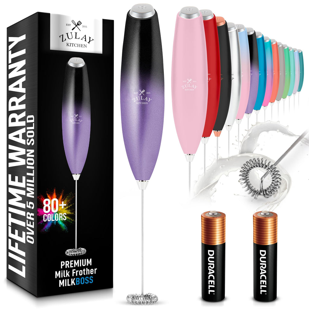 Zulay Kitchen Powerful Milk Frother AA Batteries Included – Ultra Fast Handheld Drink Mixer with Stainless Steel Whisk Stirrer for Coffee, Protein, Matcha & More, Frother Wand Electric Frothmate Black