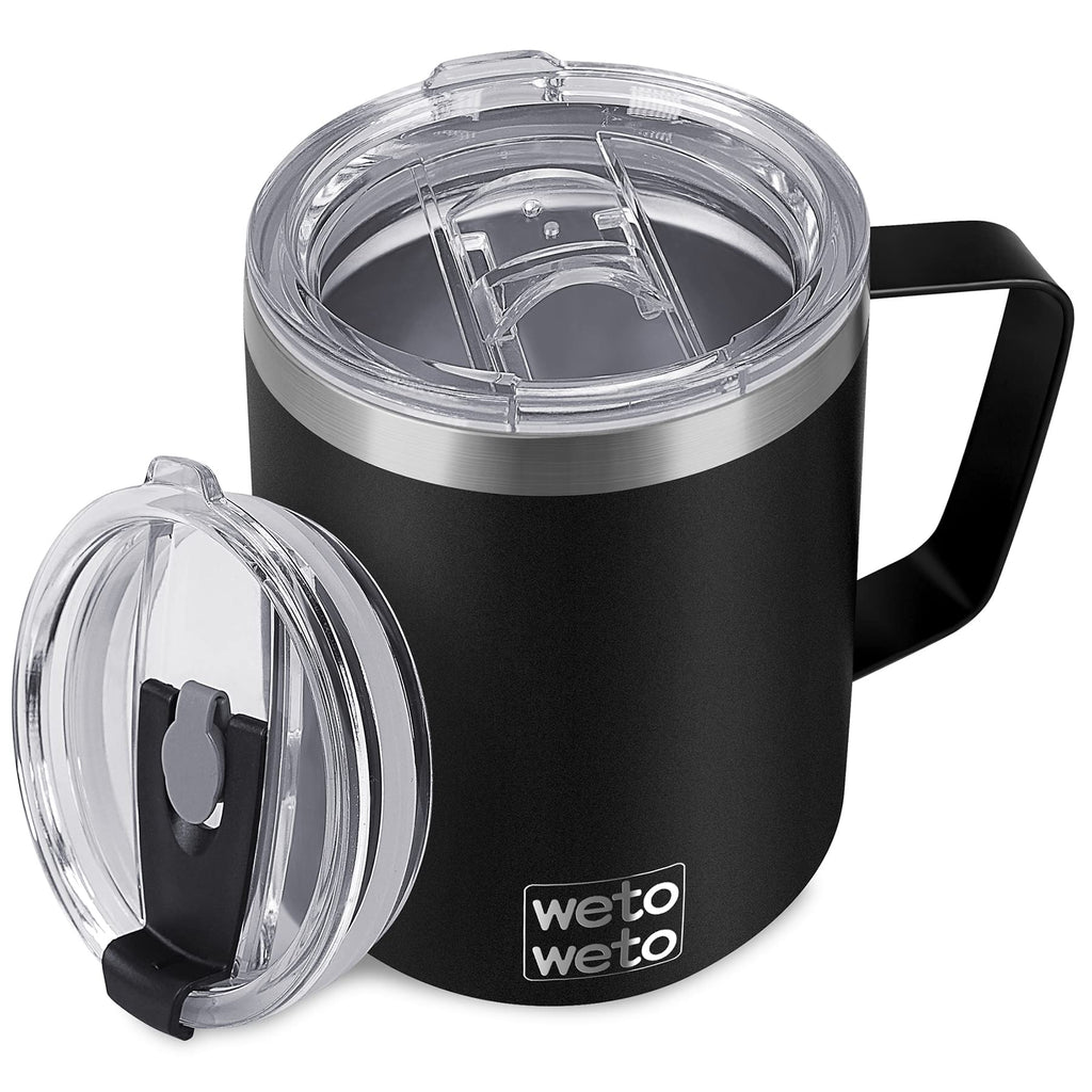 WETOWETO Coffee Mug with Handle, 14oz Insulated Stainless Steel Coffee Travel Mug, Double Wall Vacuum Reusable Coffee Cup with Lid, Powder Coated Rose Gold