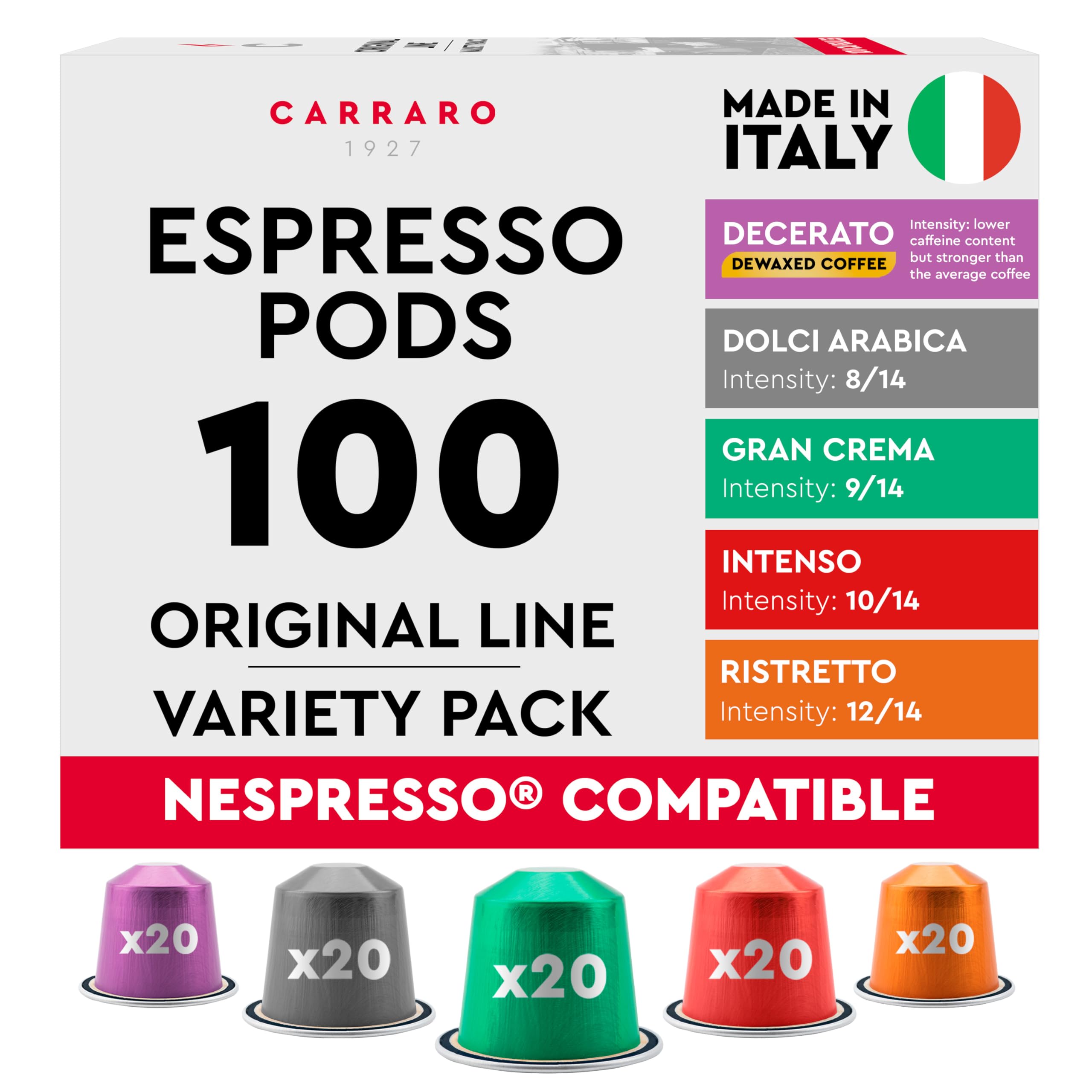CARRARO Variety Pack - 100 Premium Espresso Pods Compatible with Nespresso Original Machines - Medium & Dark Roast Espresso Aluminum Capsules, 10 Packs - 100 Servings, Made in Italy