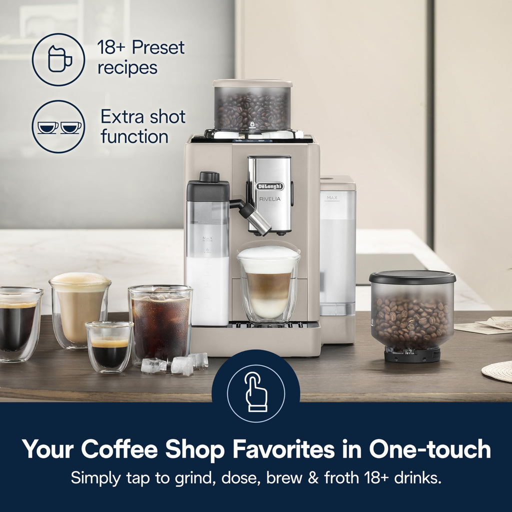 De'Longhi Rivelia Automatic Espresso Machine with Grinder & Milk Frother – All-in-One Coffee Maker, Hot & Iced Latte, Cappuccino, Bean Switch System, Burr Grinder, Compact Italian Design, Black