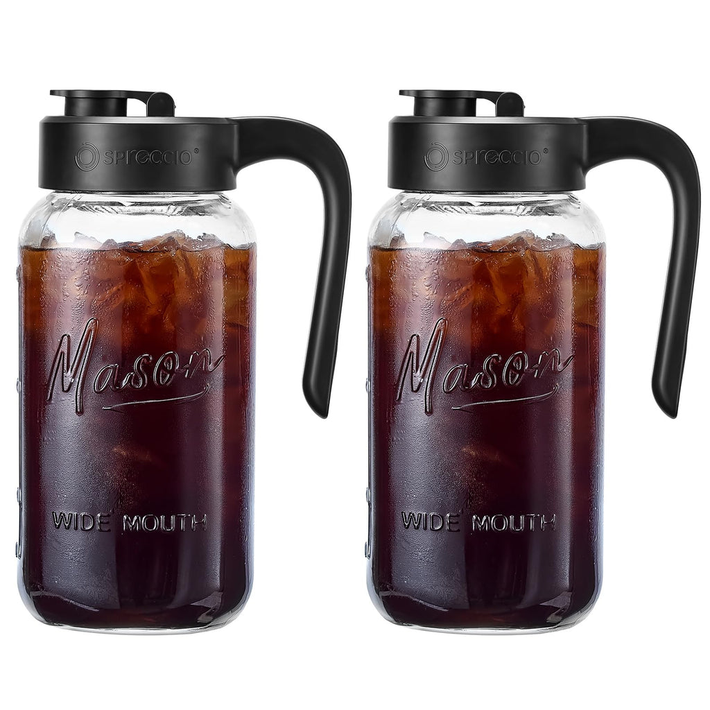 Mason Jar Pitcher - Airtight & Leakproof Glass Pitcher with Lid, Perfect for Breastmilk, Cold Brew, and Sun Tea, 2 Quart (64 oz) Mason Jar with Pour Spout Lid