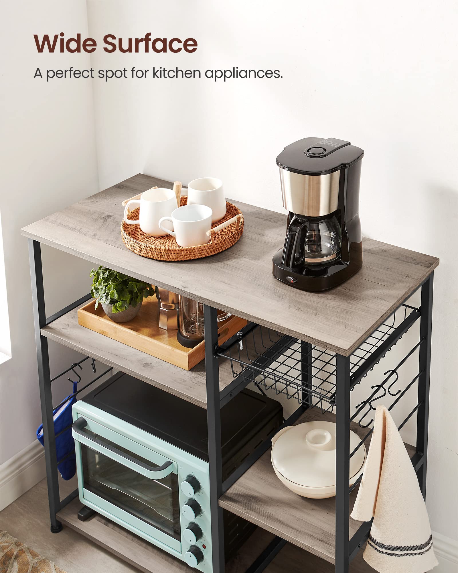 VASAGLE Baker's Rack, Coffee Bar Stand with Charging Station, 35.6 Inches Tall, Storage Shelves, Pull-Out Wire Basket, Table for Microwave, Kitchen, Rustic Brown and Ink Black UKKS036K01