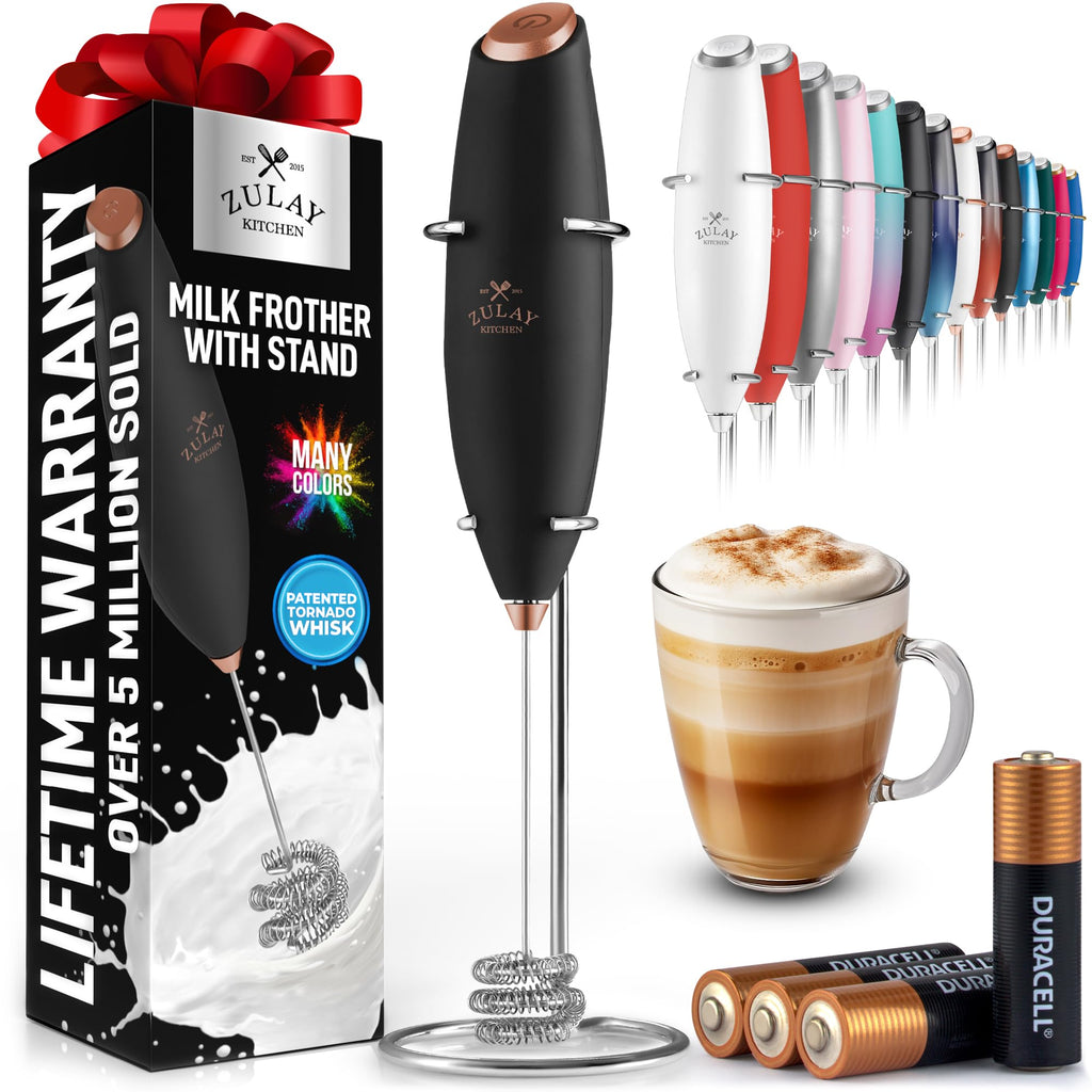 Zulay Kitchen Rechargeable Milk Frother Handheld - Frother Wand, Drink Mixer, Electric Whisk Frother, for Cappuccinos, Matcha & Protein Powder - Lux 4 Whisk 2 Speed Waterproof 2000mAh Alpha Black