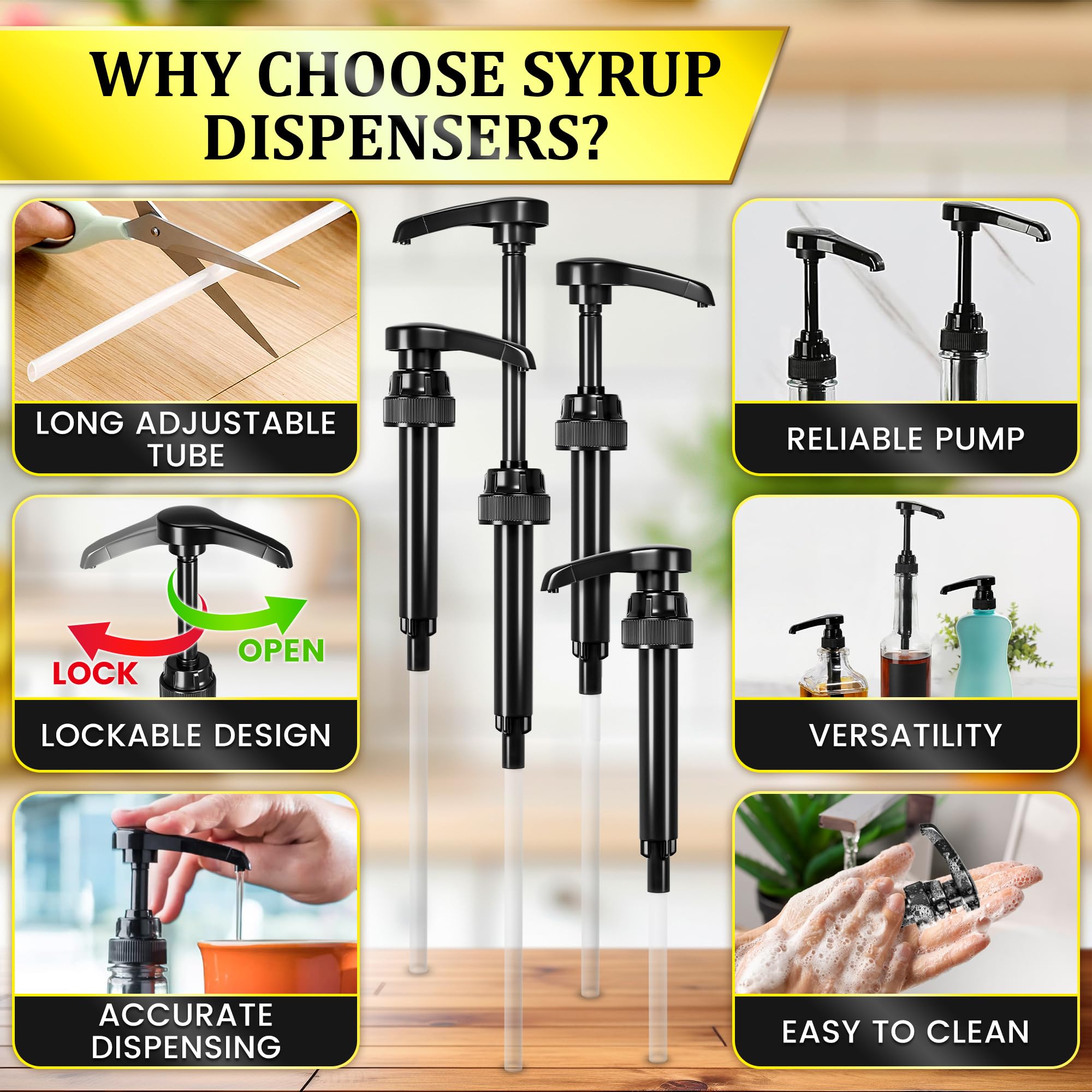 4 Pcs Coffee Syrup Pump Dispenser - Works as Skinny and Torani Syrup Pump - Fits Various 25.4 oz Bottles, Precise Dispensing 0.3oz & Lockable Design, Easy to Use & Clean, Ideal for Liquids
