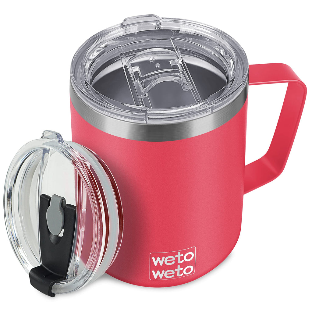 WETOWETO Coffee Mug with Handle, 14oz Insulated Stainless Steel Coffee Travel Mug, Double Wall Vacuum Reusable Coffee Cup with Lid, Powder Coated Rose Gold