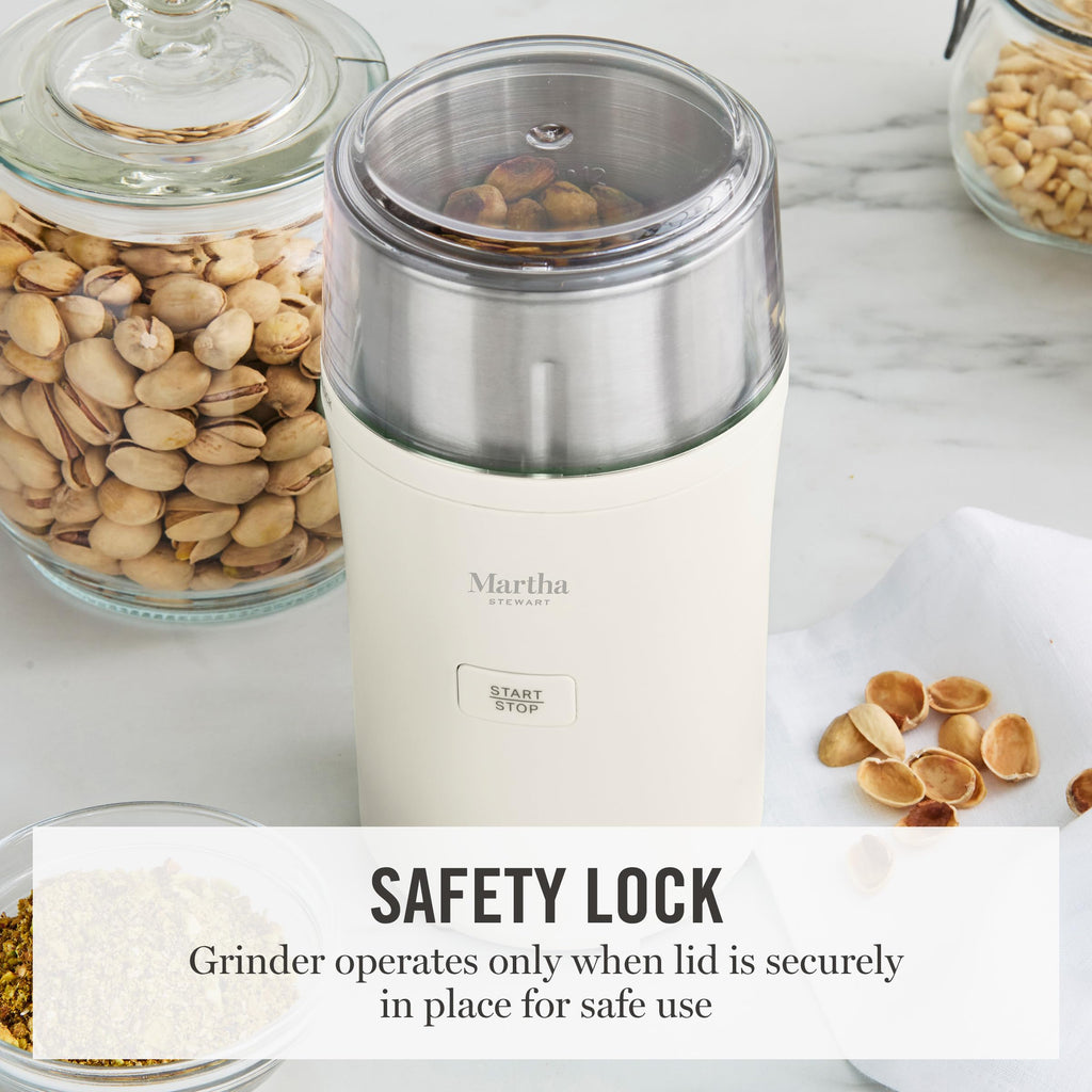 Martha Stewart Electric Coffee & Spice Grinder, Dual 2.5oz Removable Bowls, Storage Lids, Stainless Steel Blades, One Touch Pulse Control, 2-in-1 Compact, Beans & Spices, Herbs & Nuts, Honeydew Green