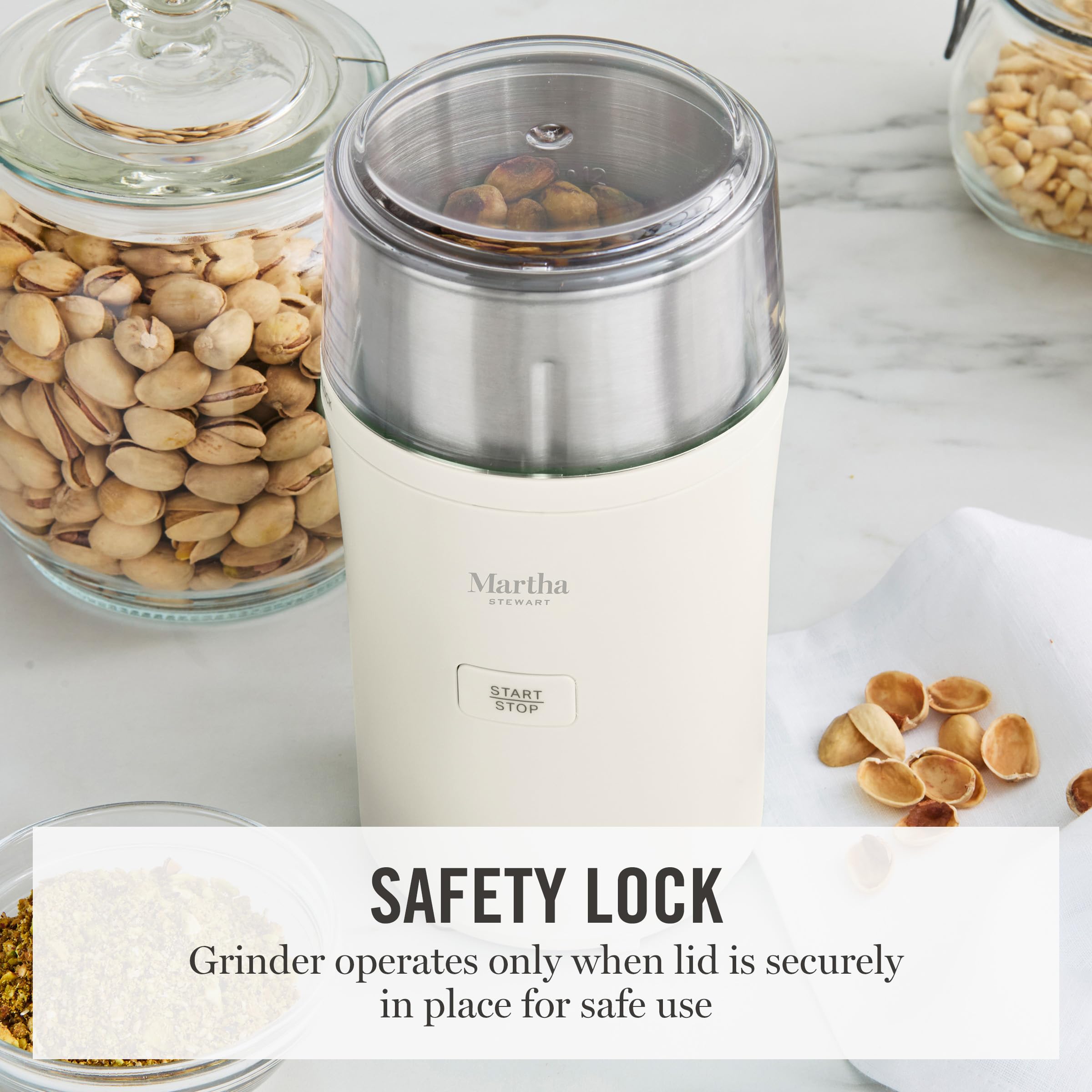 Martha Stewart Electric Coffee & Spice Grinder, Dual 2.5oz Removable Bowls, Storage Lids, Stainless Steel Blades, One Touch Pulse Control, 2-in-1 Compact, Beans & Spices, Herbs & Nuts, Honeydew Green