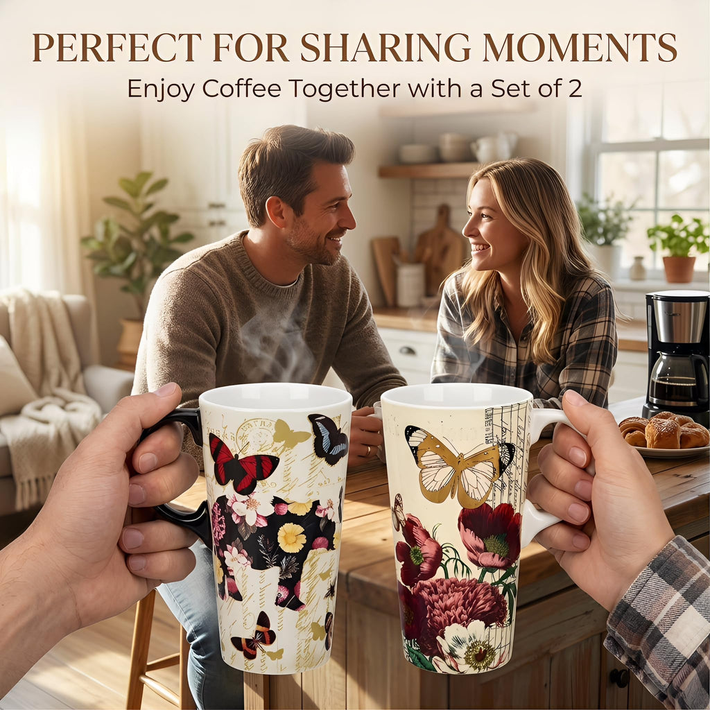 Topadorn 17oz Ceramic Travel Mug with Lid, Tall Ceramic Coffee Mug with Handle, Purple Floral Coffee Cup with Gift Box