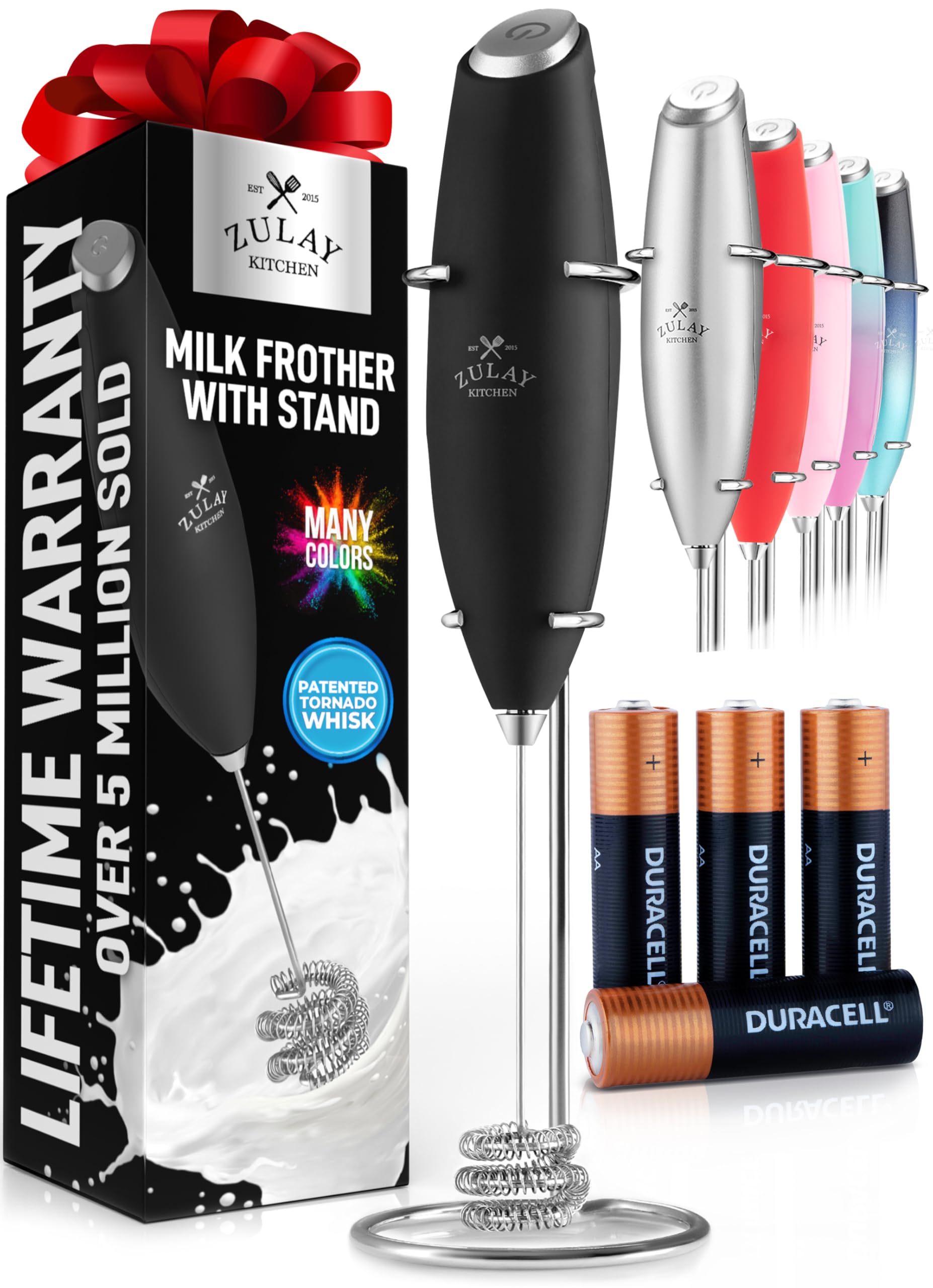 Zulay Kitchen Rechargeable Milk Frother Handheld - Frother Wand, Drink Mixer, Electric Whisk Frother, for Cappuccinos, Matcha & Protein Powder - Lux 4 Whisk 2 Speed Waterproof 2000mAh Alpha Black