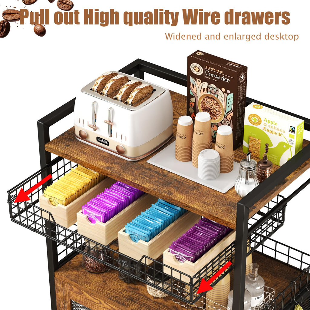 Hencawima Coffee Bar Cabinet, 3 Tier Coffee Station Table on Wheels, 35.9" H Bar Cart with Wire Basket Drawer & 5 Hooks for Home Kitchen, Liquor Buffet Sideboard Cabinet (Rustic Brown)