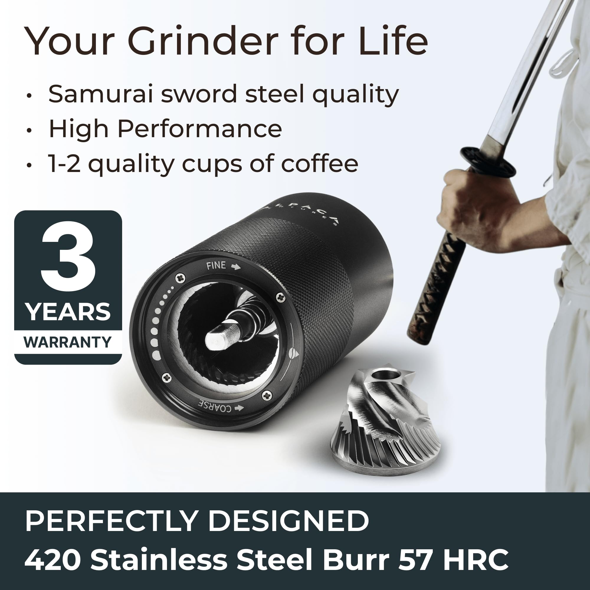 Premium Manual Coffee Grinder for Espresso, Pour Over & French Press with Stainless Steel Conical Burr, Precision Adjustable Hand Grinder, Compact Travel Size - by Alpaca Ventures