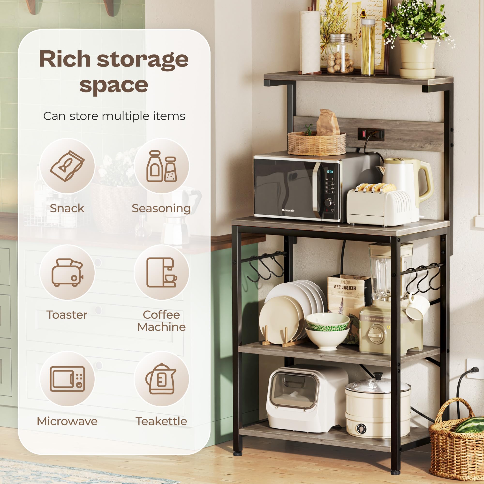 SUPERJARE Kitchen Bakers Rack with Power Outlet, Coffee Bar Table 4 Tiers, Kitchen Microwave Stand with 6 S-shaped Hooks, Storage Shelf Rack for Spices, Pots and Pans - Rustic Brown