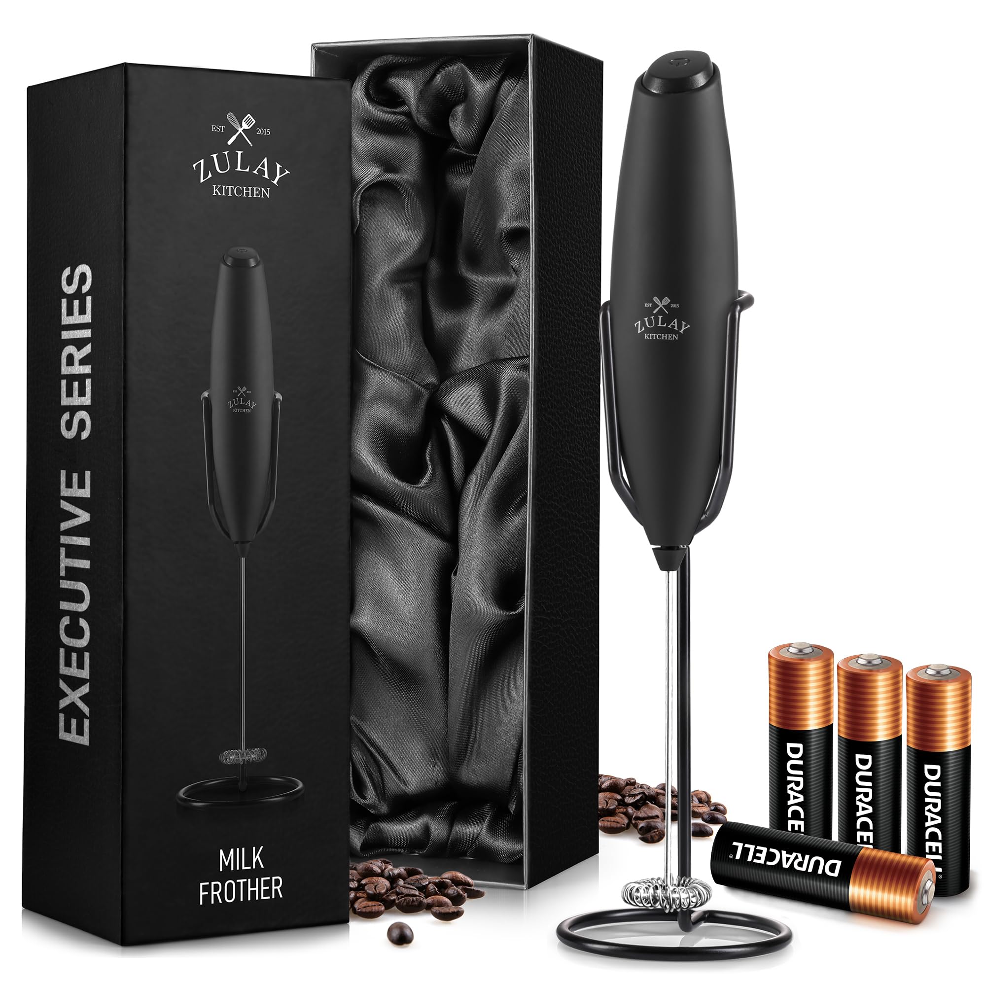 Zulay Kitchen Rechargeable Milk Frother Handheld - Frother Wand, Drink Mixer, Electric Whisk Frother, for Cappuccinos, Matcha & Protein Powder - Lux 4 Whisk 2 Speed Waterproof 2000mAh Alpha Black