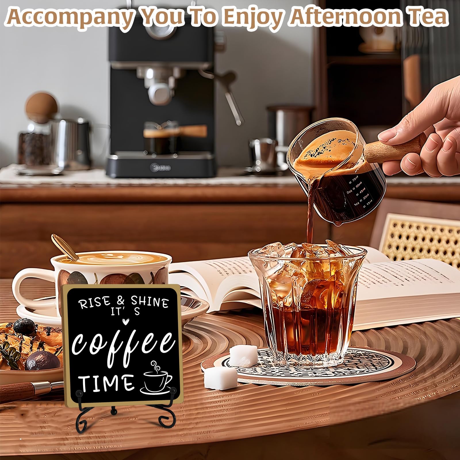 Wooden Coffee Bar Sign Coffee Bar Decor, Coffee Bar Decorations Black and White with Iron Stand Bar Tabletop Shelf Accessories, Coffee Signs Decors for Coffee Station Home Farmhouse Kitchen & Office