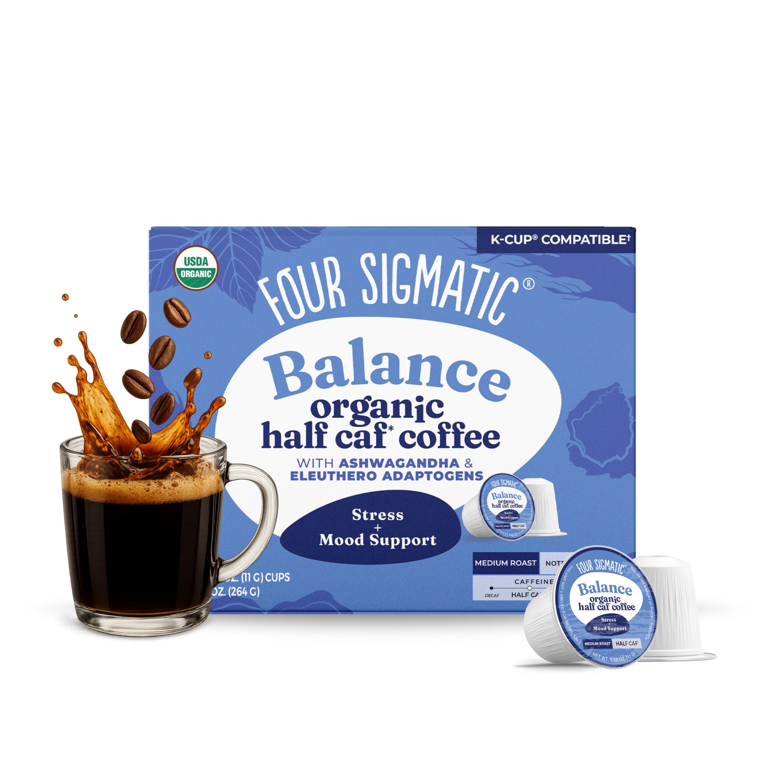 Four Sigmatic Mushroom Coffee K-Cups | Organic Dark Roast Coffee with Lion’s Mane Mushroom Powder & Yacon | Focus & Immune Support | Vegan & Keto | Sustainable Pods | 24 Count
