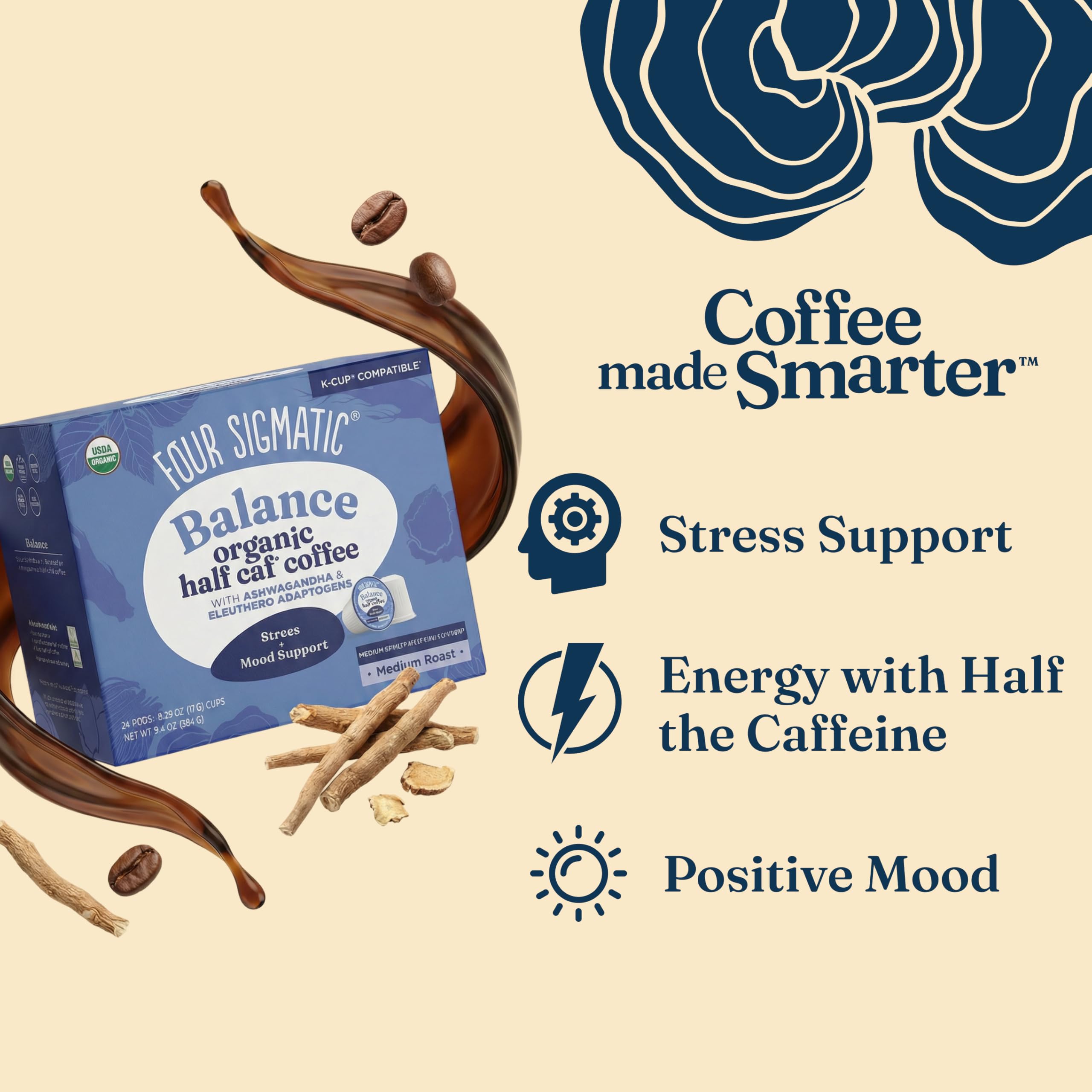 Four Sigmatic Mushroom Coffee K-Cups | Organic Dark Roast Coffee with Lion’s Mane Mushroom Powder & Yacon | Focus & Immune Support | Vegan & Keto | Sustainable Pods | 24 Count