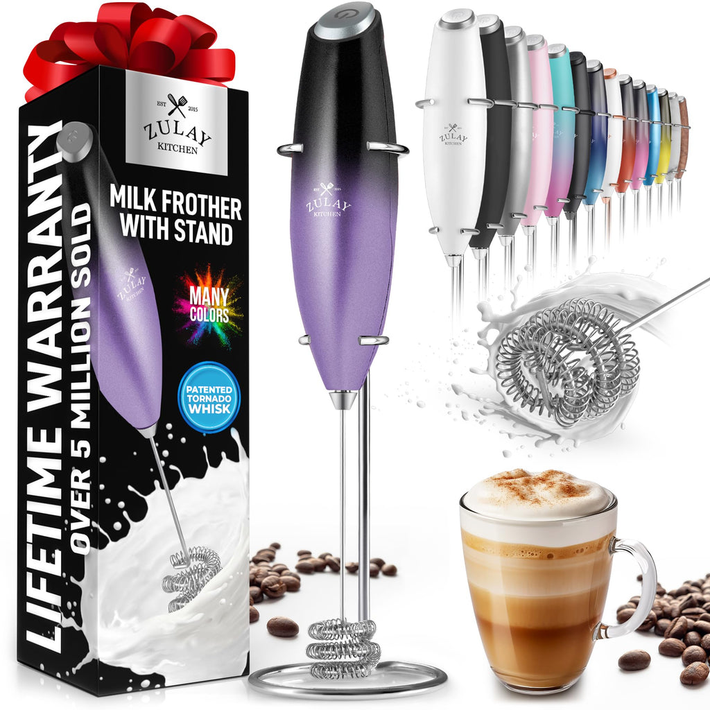 Zulay Kitchen Powerful Milk Frother AA Batteries Included – Ultra Fast Handheld Drink Mixer with Stainless Steel Whisk Stirrer for Coffee, Protein, Matcha & More, Frother Wand Electric Frothmate Black