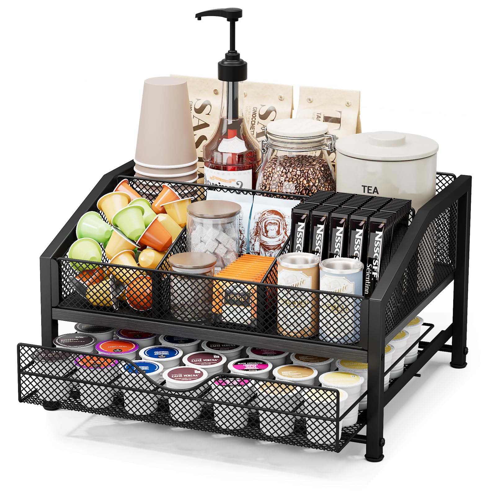 Homsorout Coffee Bar Organizer - Coffee Station for Countertop, Metal and Wood K Cup holder Storage Basket for Coffee Pods, Syrup, Cups, Stirrer, Coffee Condiment, Tea Organizer, Black and Brown