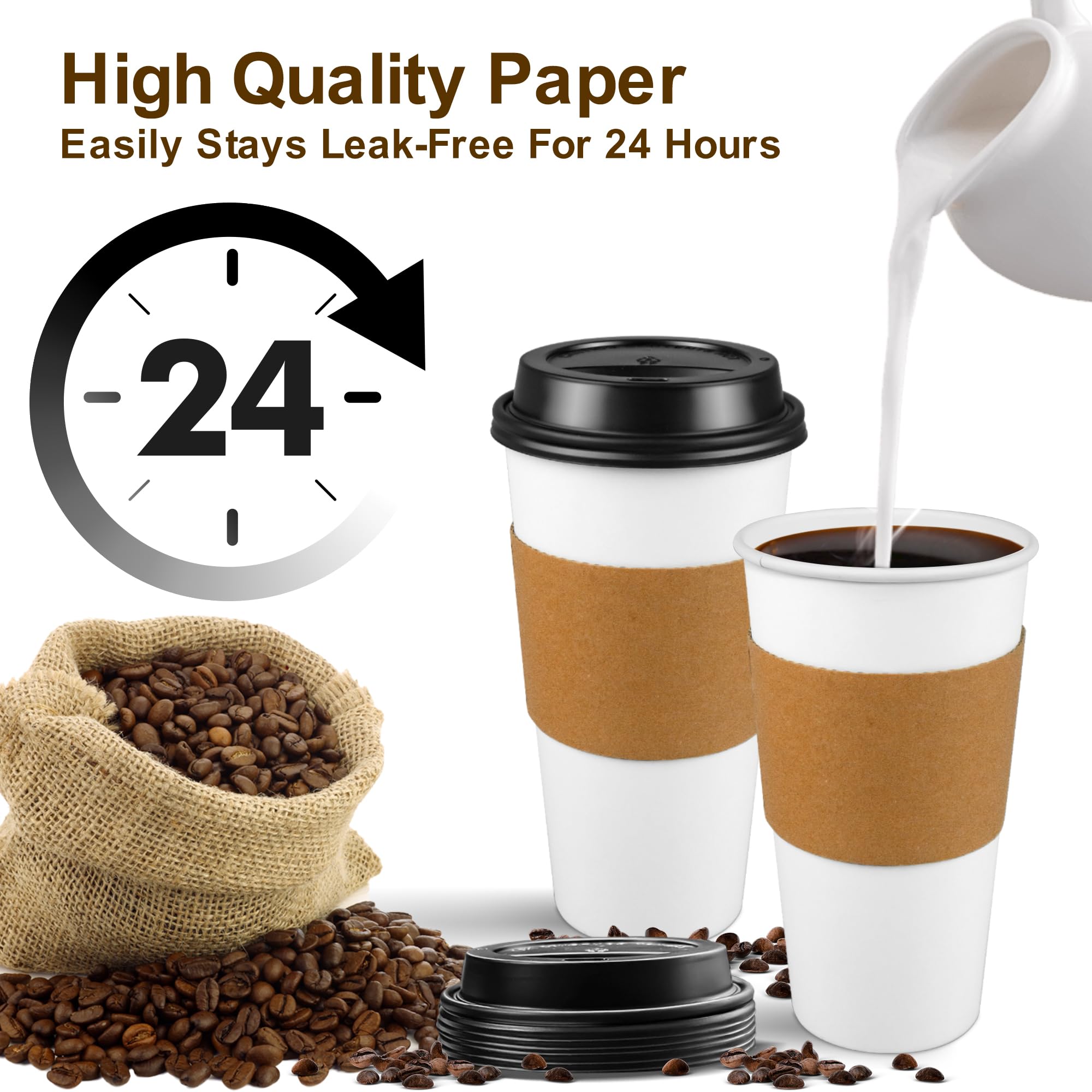 Ginkgo [100 Pack 16 oz Disposable Coffee Cups with Lids and Sleeves - To Go Coffee Cups for Hot Drinks, Chocolate, Cocoa and Coffee Bar