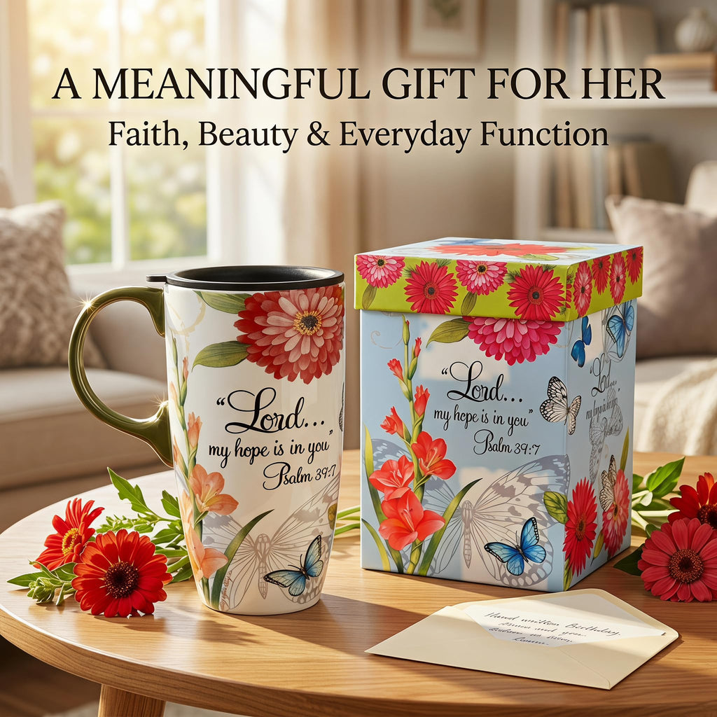 Topadorn 17oz Ceramic Travel Mug with Lid, Tall Ceramic Coffee Mug with Handle, Purple Floral Coffee Cup with Gift Box