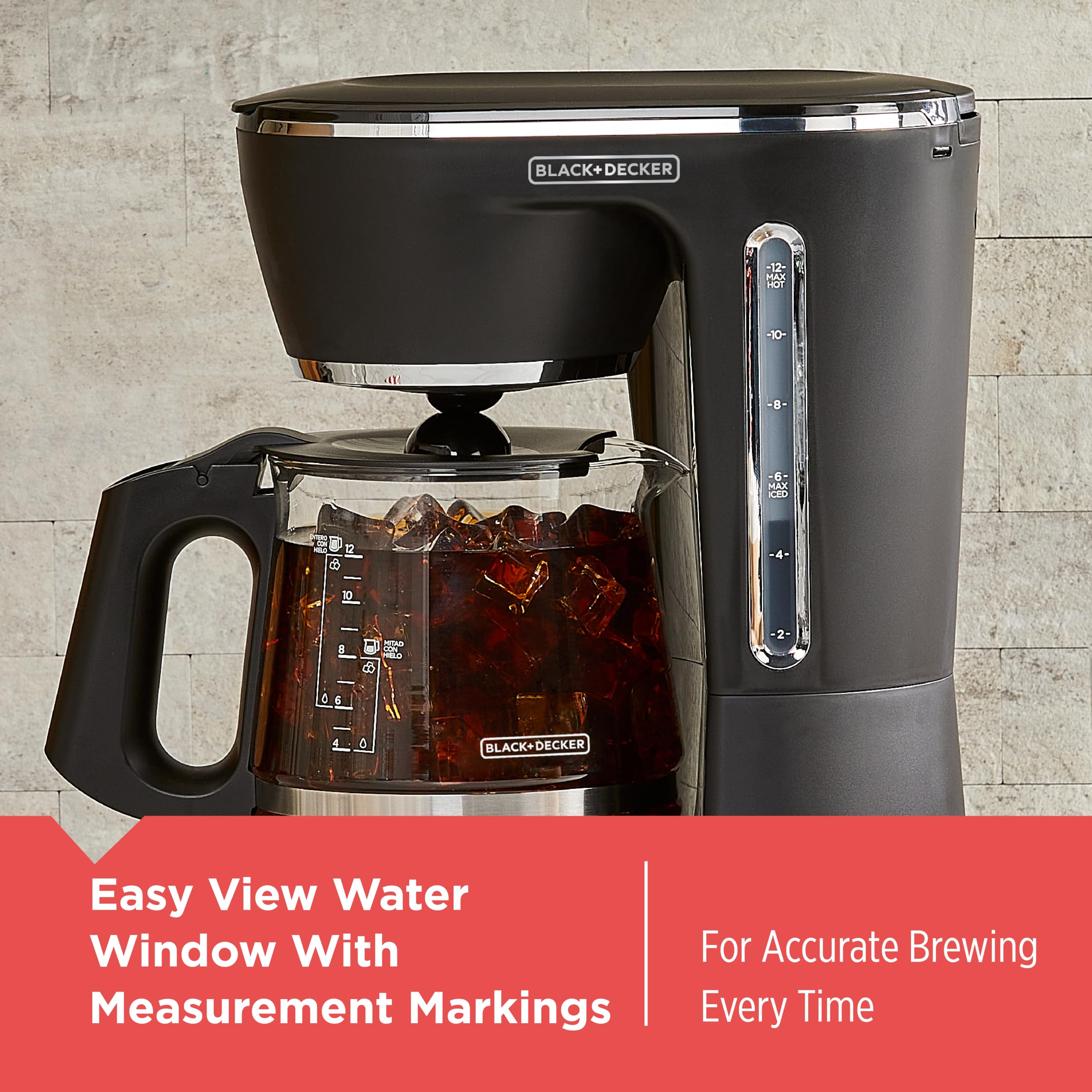 BLACK+DECKER 12-Cup Digital Coffee Maker, Programmable, Washable Basket Filter, Sneak-A-Cup, Auto Brew, Water Window, Keep Hot Plate, Black