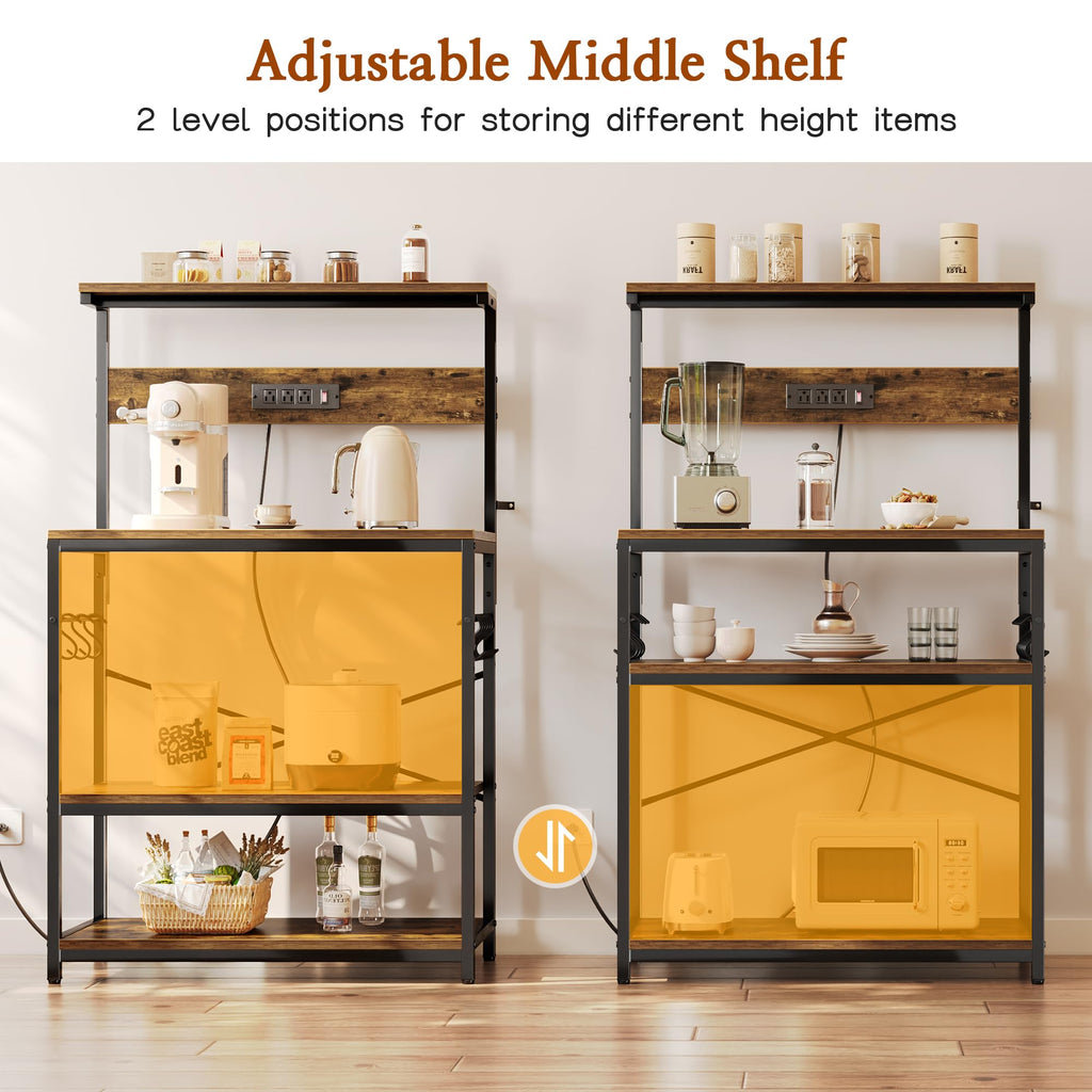 SUPERJARE Kitchen Bakers Rack with Power Outlet, Coffee Bar Table 4 Tiers, Kitchen Microwave Stand with 6 S-shaped Hooks, Storage Shelf Rack for Spices, Pots and Pans - Rustic Brown