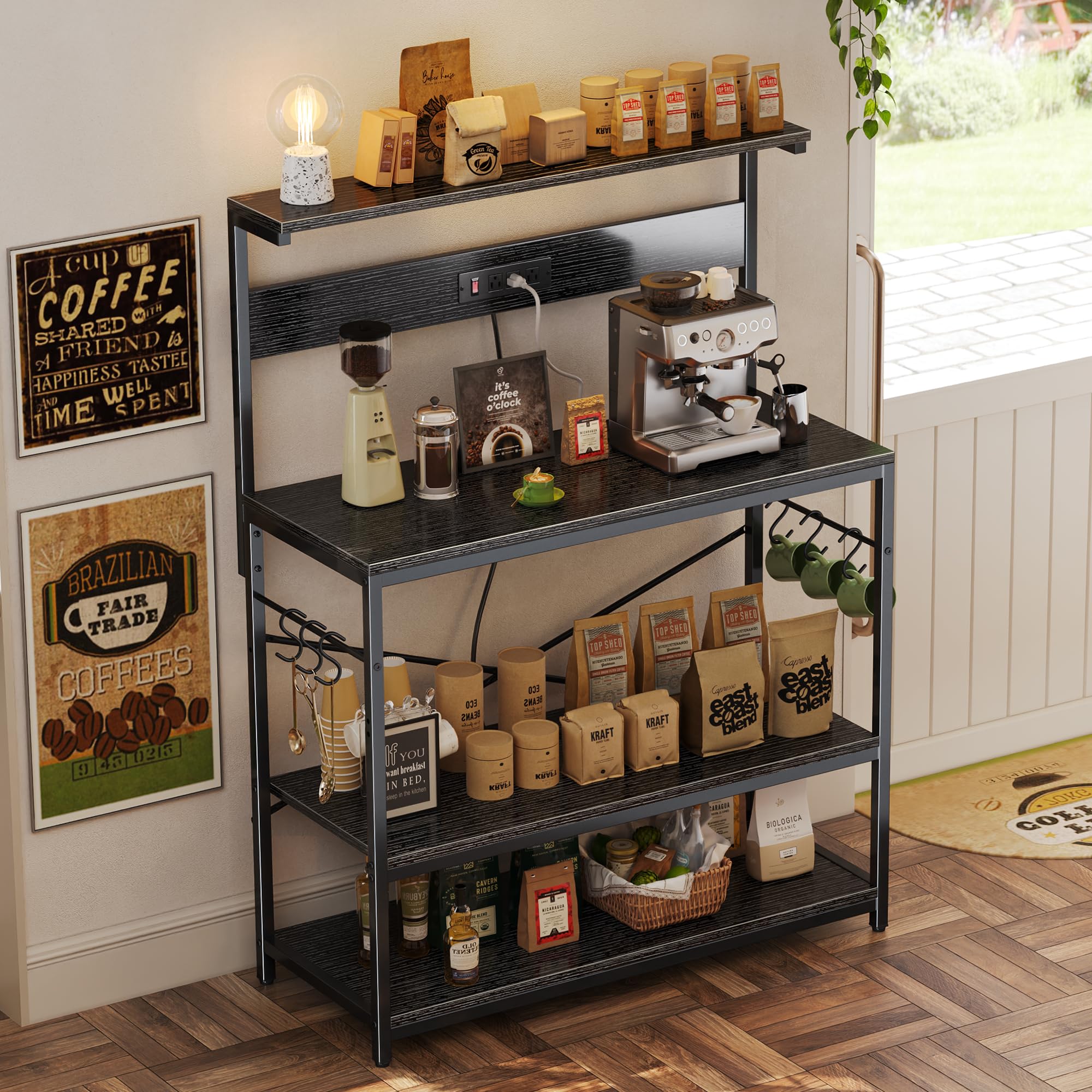SUPERJARE Kitchen Bakers Rack with Power Outlet, Coffee Bar Table 4 Tiers, Kitchen Microwave Stand with 6 S-shaped Hooks, Storage Shelf Rack for Spices, Pots and Pans - Rustic Brown