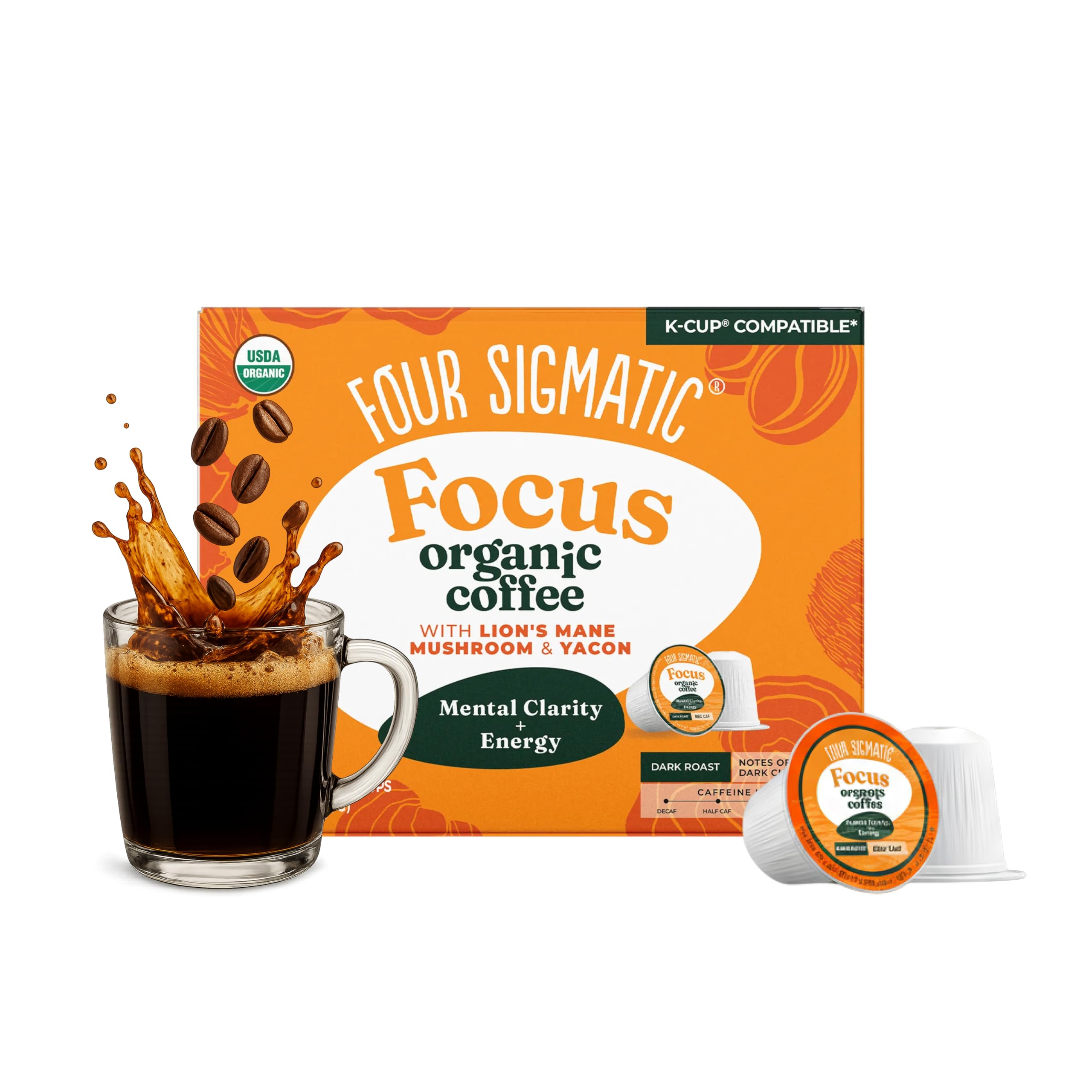 Four Sigmatic Mushroom Coffee K-Cups | Organic Dark Roast Coffee with Lion’s Mane Mushroom Powder & Yacon | Focus & Immune Support | Vegan & Keto | Sustainable Pods | 24 Count
