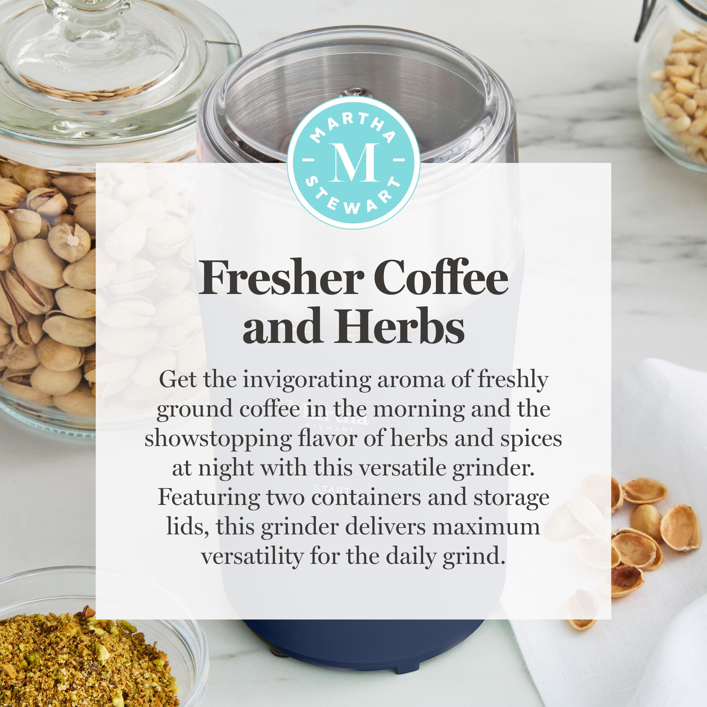 Martha Stewart Electric Coffee & Spice Grinder, Dual 2.5oz Removable Bowls, Storage Lids, Stainless Steel Blades, One Touch Pulse Control, 2-in-1 Compact, Beans & Spices, Herbs & Nuts, Honeydew Green