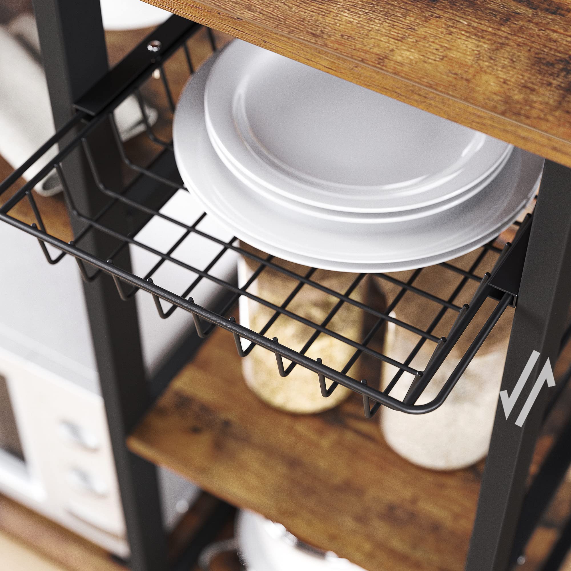 VASAGLE Baker's Rack, Coffee Bar Stand with Charging Station, 35.6 Inches Tall, Storage Shelves, Pull-Out Wire Basket, Table for Microwave, Kitchen, Rustic Brown and Ink Black UKKS036K01