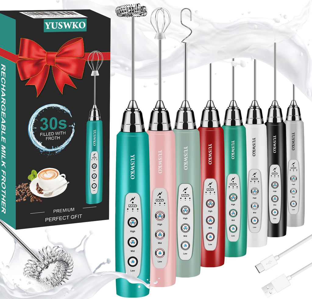 YUSWKO Black Handheld Milk Frother Wand for Coffee, Rechargeable Electric Whisk with 3 Heads 3 Speeds Drink Mixer Coffee Frother For Latte, Cappuccino, Hot Chocolate, Egg