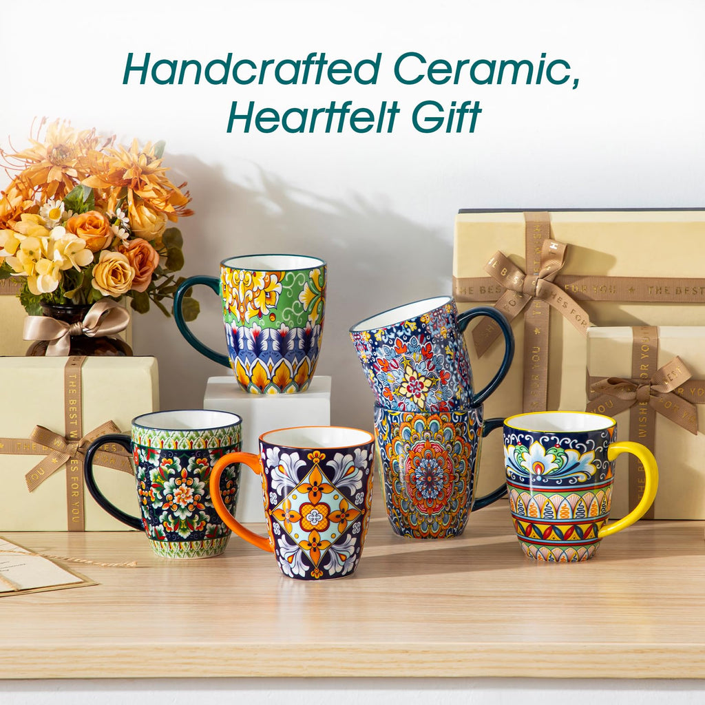 vancasso SIMI 16 oz Large Coffee Mugs Set of 6 – Bohemian Ceramic Cups with Handle, Perfect for Latte, Tea, Hot Chocolate, Dishwasher & Microwave Safe Ideal Gift