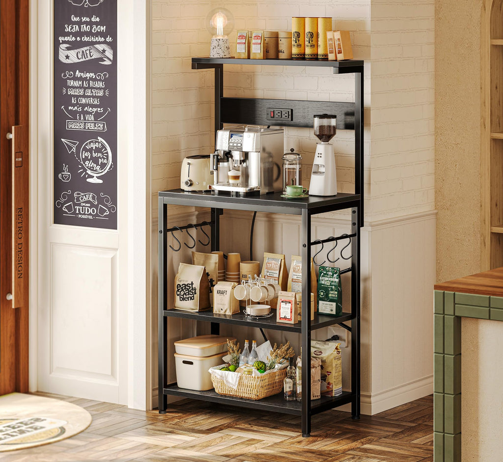 SUPERJARE Kitchen Bakers Rack with Power Outlet, Coffee Bar Table 4 Tiers, Kitchen Microwave Stand with 6 S-shaped Hooks, Storage Shelf Rack for Spices, Pots and Pans - Rustic Brown