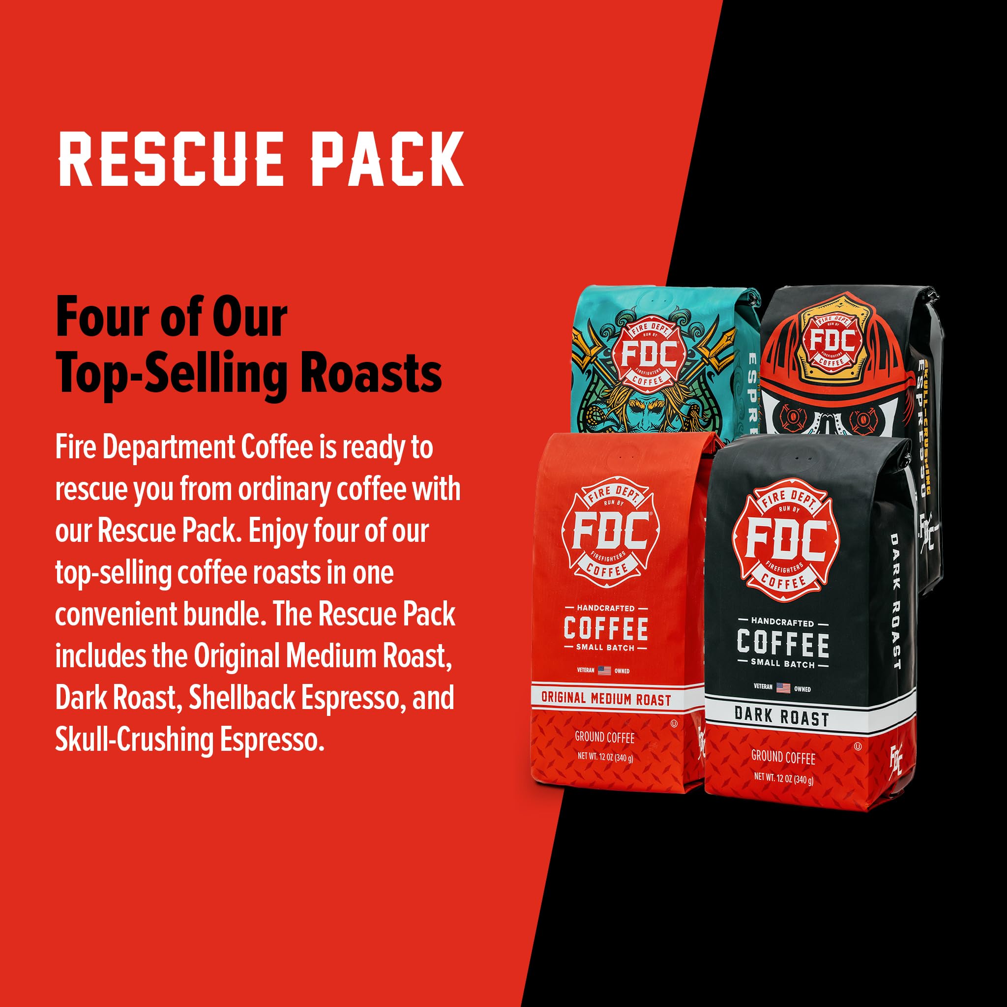 Fire Department Coffee - Gives Back to Firefighters - Rescue Variety Pack - Whole Bean Coffee - Medium, Dark, Shellback Espresso, & Skull Crushing Espresso Beans - Veteran Owned (12oz, Pack of 4)