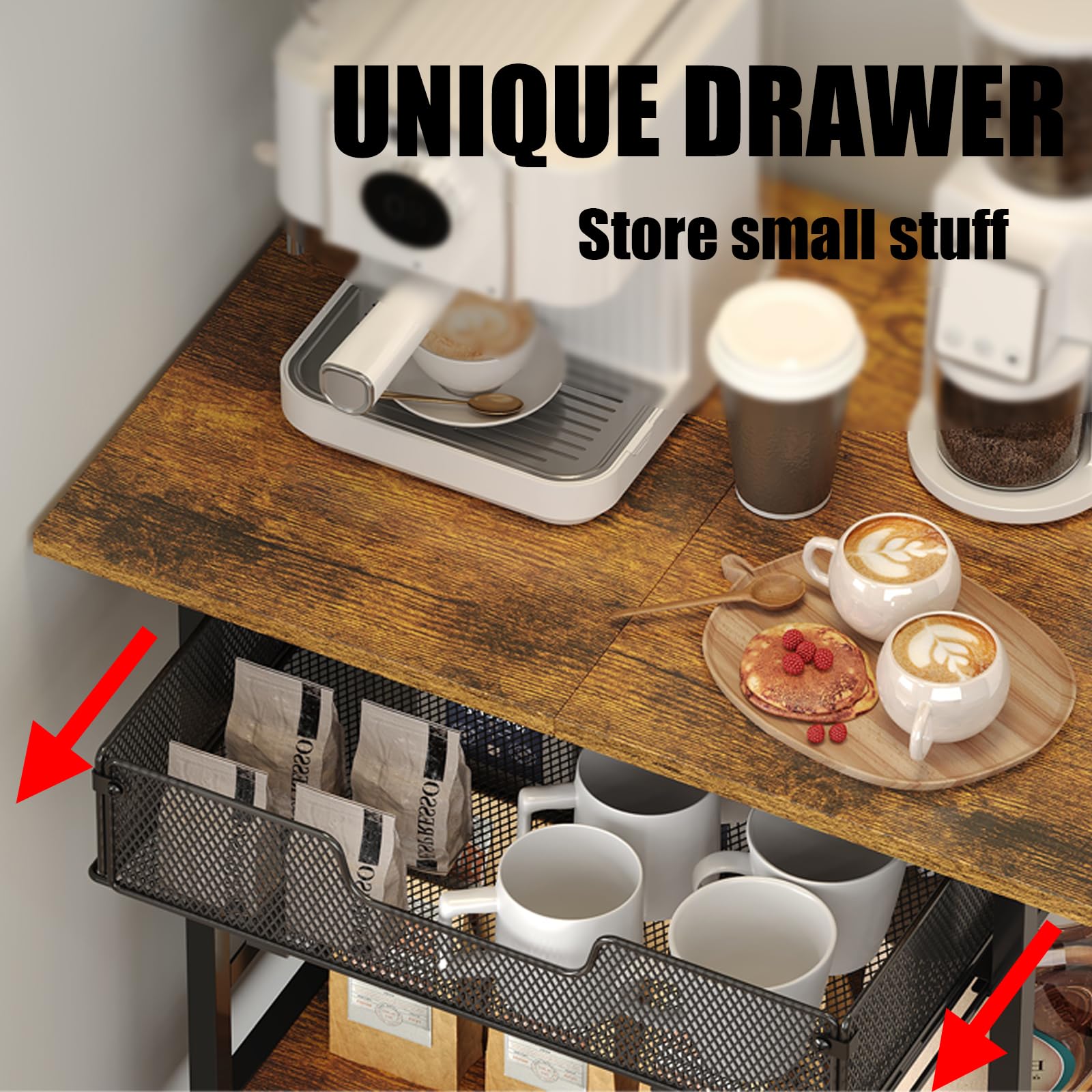 Hencawima Coffee Bar Cabinet, 3 Tier Coffee Station Table on Wheels, 35.9" H Bar Cart with Wire Basket Drawer & 5 Hooks for Home Kitchen, Liquor Buffet Sideboard Cabinet (Rustic Brown)