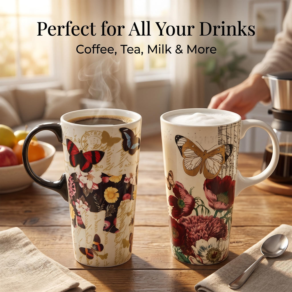 Topadorn 17oz Ceramic Travel Mug with Lid, Tall Ceramic Coffee Mug with Handle, Purple Floral Coffee Cup with Gift Box