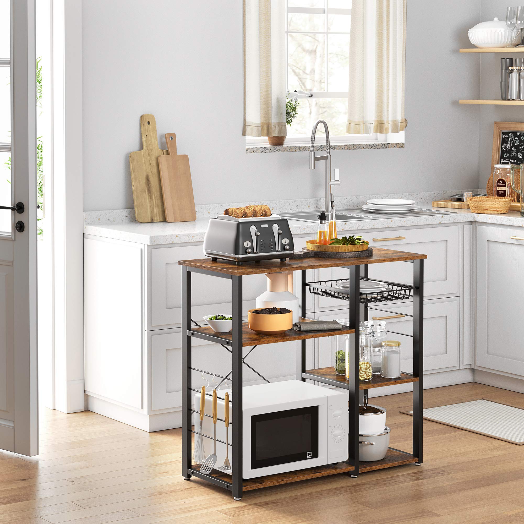 VASAGLE Baker's Rack, Coffee Bar Stand with Charging Station, 35.6 Inches Tall, Storage Shelves, Pull-Out Wire Basket, Table for Microwave, Kitchen, Rustic Brown and Ink Black UKKS036K01