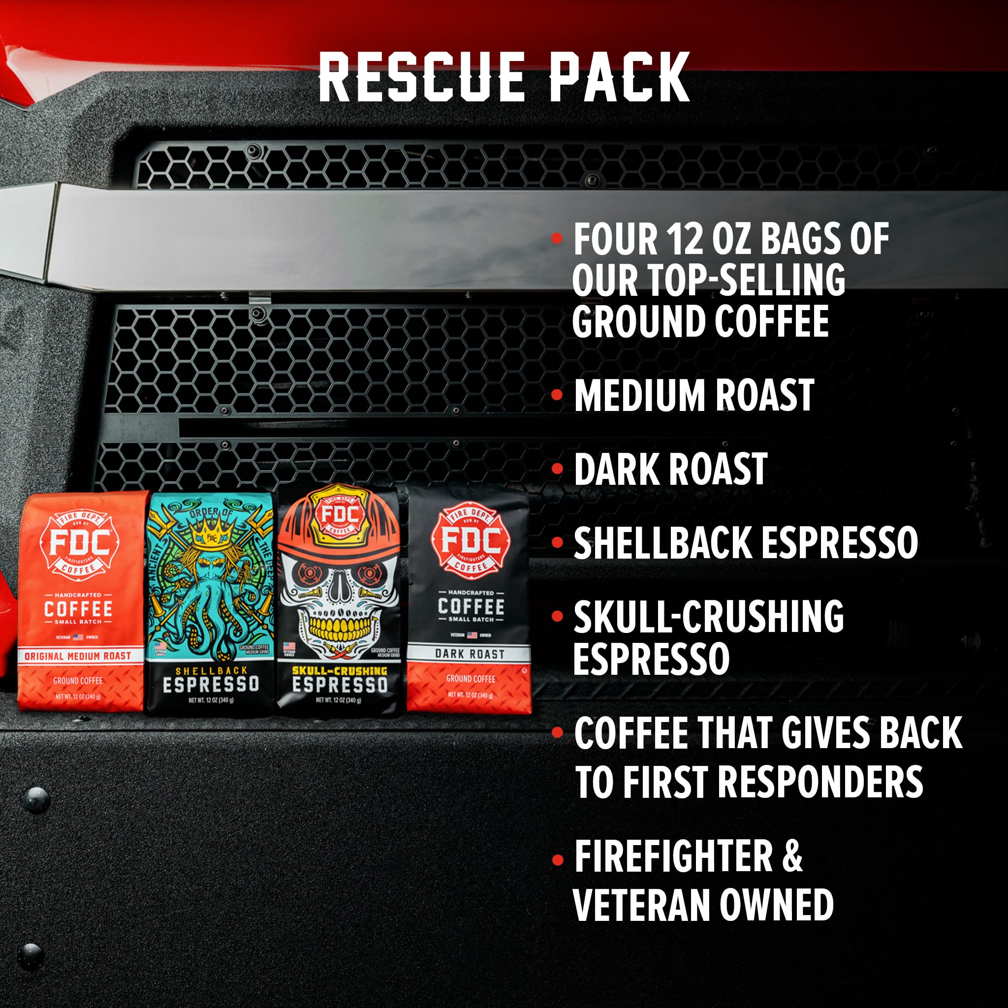 Fire Department Coffee - Gives Back to Firefighters - Rescue Variety Pack - Whole Bean Coffee - Medium, Dark, Shellback Espresso, & Skull Crushing Espresso Beans - Veteran Owned (12oz, Pack of 4)