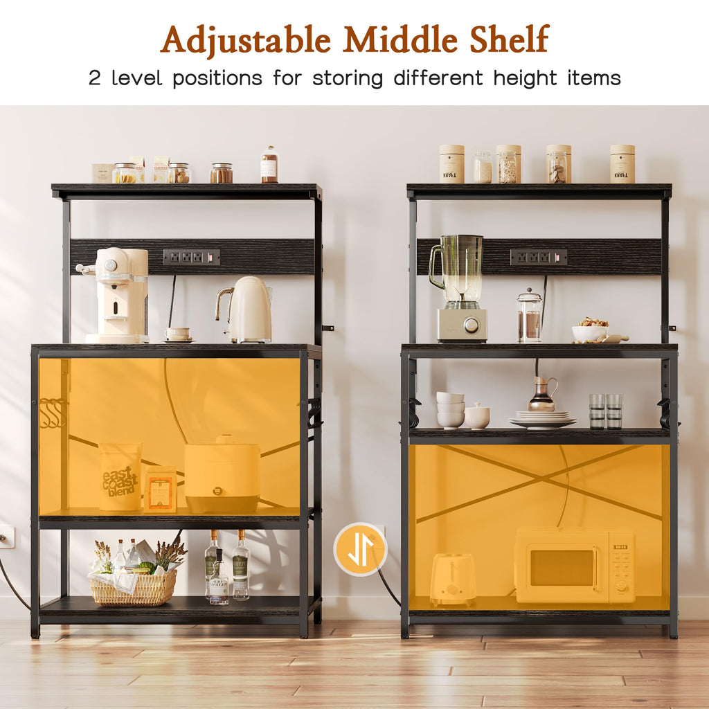SUPERJARE Kitchen Bakers Rack with Power Outlet, Coffee Bar Table 4 Tiers, Kitchen Microwave Stand with 6 S-shaped Hooks, Storage Shelf Rack for Spices, Pots and Pans - Rustic Brown