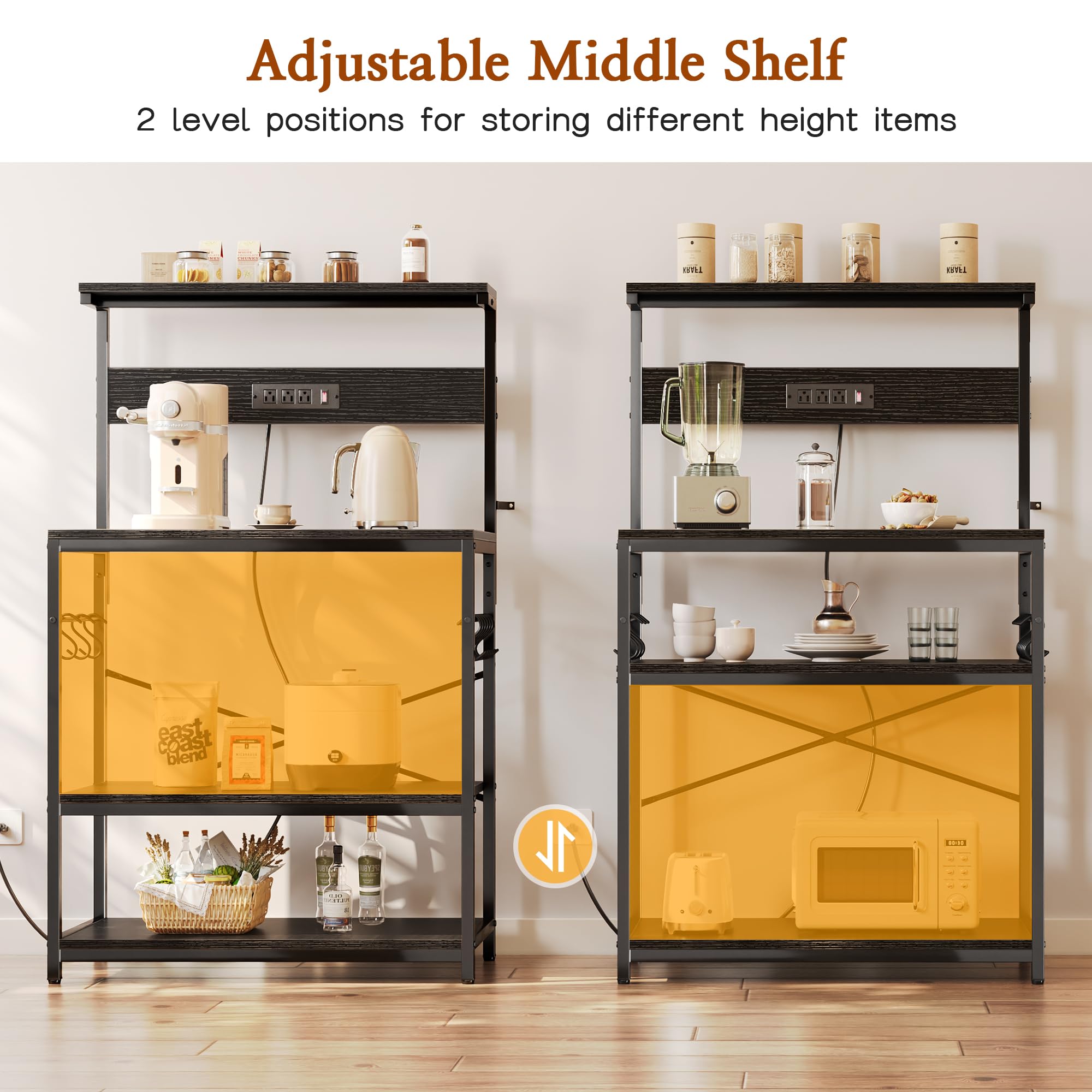 SUPERJARE Kitchen Bakers Rack with Power Outlet, Coffee Bar Table 4 Tiers, Kitchen Microwave Stand with 6 S-shaped Hooks, Storage Shelf Rack for Spices, Pots and Pans - Rustic Brown