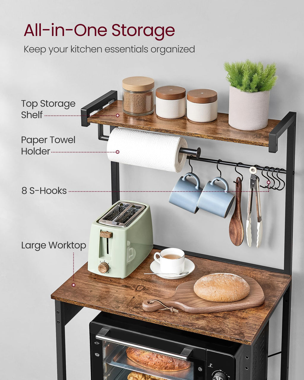 VASAGLE BARNET Collection - Kitchen Bakers Rack with Power Outlet, 31.5-Inch Wide Coffee Bar 4-Tier with 8 S Hooks, Modern Microwave Stand, Adjustable Shelf, Rustic Brown and Ink Black UKKS029KD01