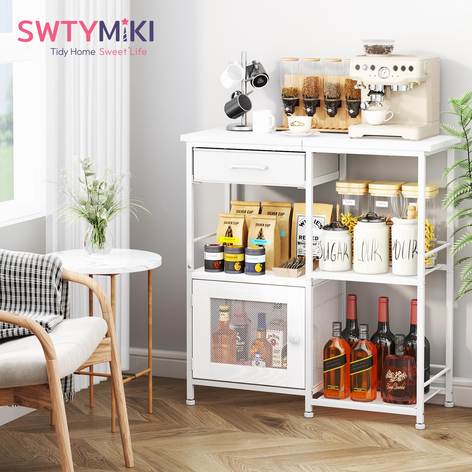 SWTYMIKI Coffee Bar Cabinet for Home - Farmhouse Coffee Stand Station Multi-Purpose Buffet Sideboard Cabinet with Drawers - Kitchen Bar Table for Living Room, Corner, Small Space, Espresso