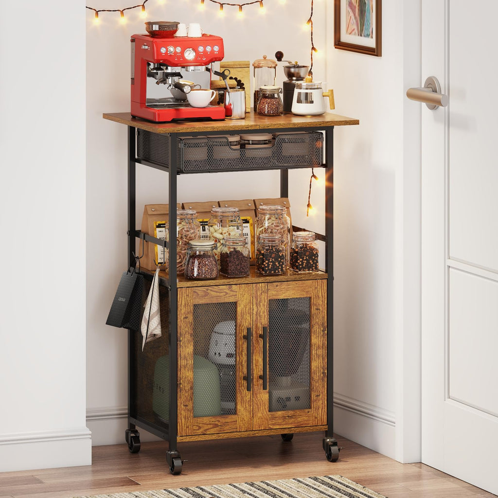 Hencawima Coffee Bar Cabinet, 3 Tier Coffee Station Table on Wheels, 35.9" H Bar Cart with Wire Basket Drawer & 5 Hooks for Home Kitchen, Liquor Buffet Sideboard Cabinet (Rustic Brown)