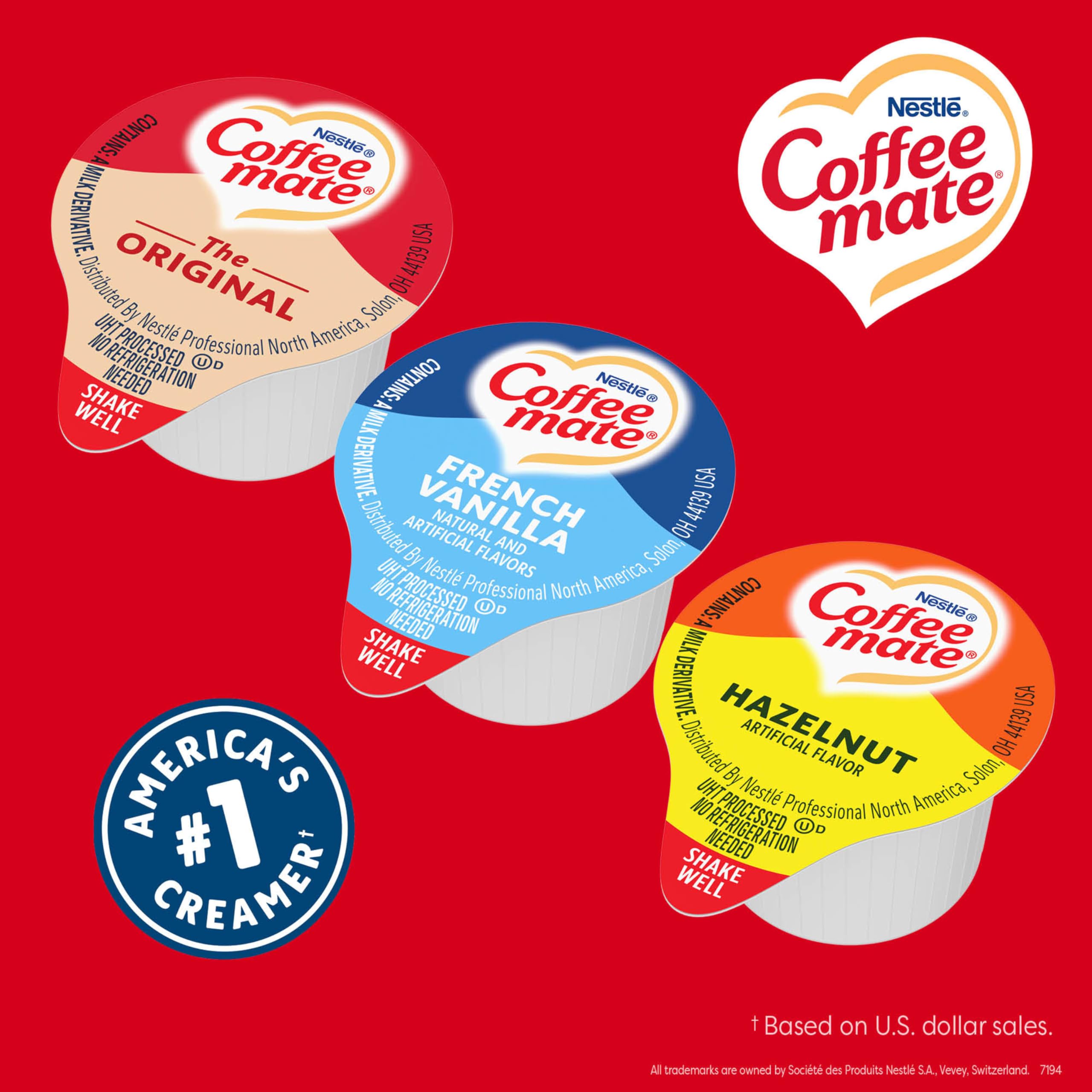 Nestle Coffee mate Creamer Singles Variety Pack, Italian Sweet Creme, Salted Caramel Chocolate, Vanilla Caramel Non Dairy, No Refrigeration, 0.375 fl oz Tubs, 150 Count (Pack of 50 Per Flavor)